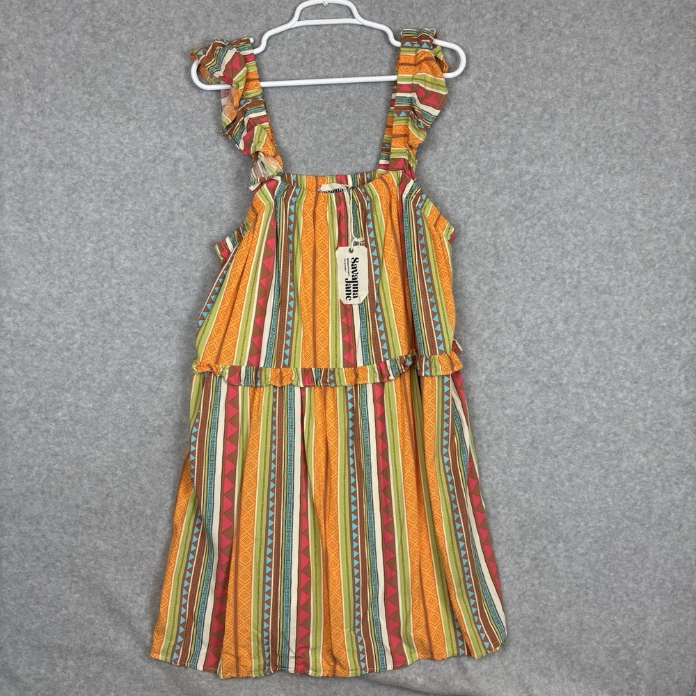 NWT Savana Jane Sundress Size 1X Orange Multi Stripe Tribal Print Lined